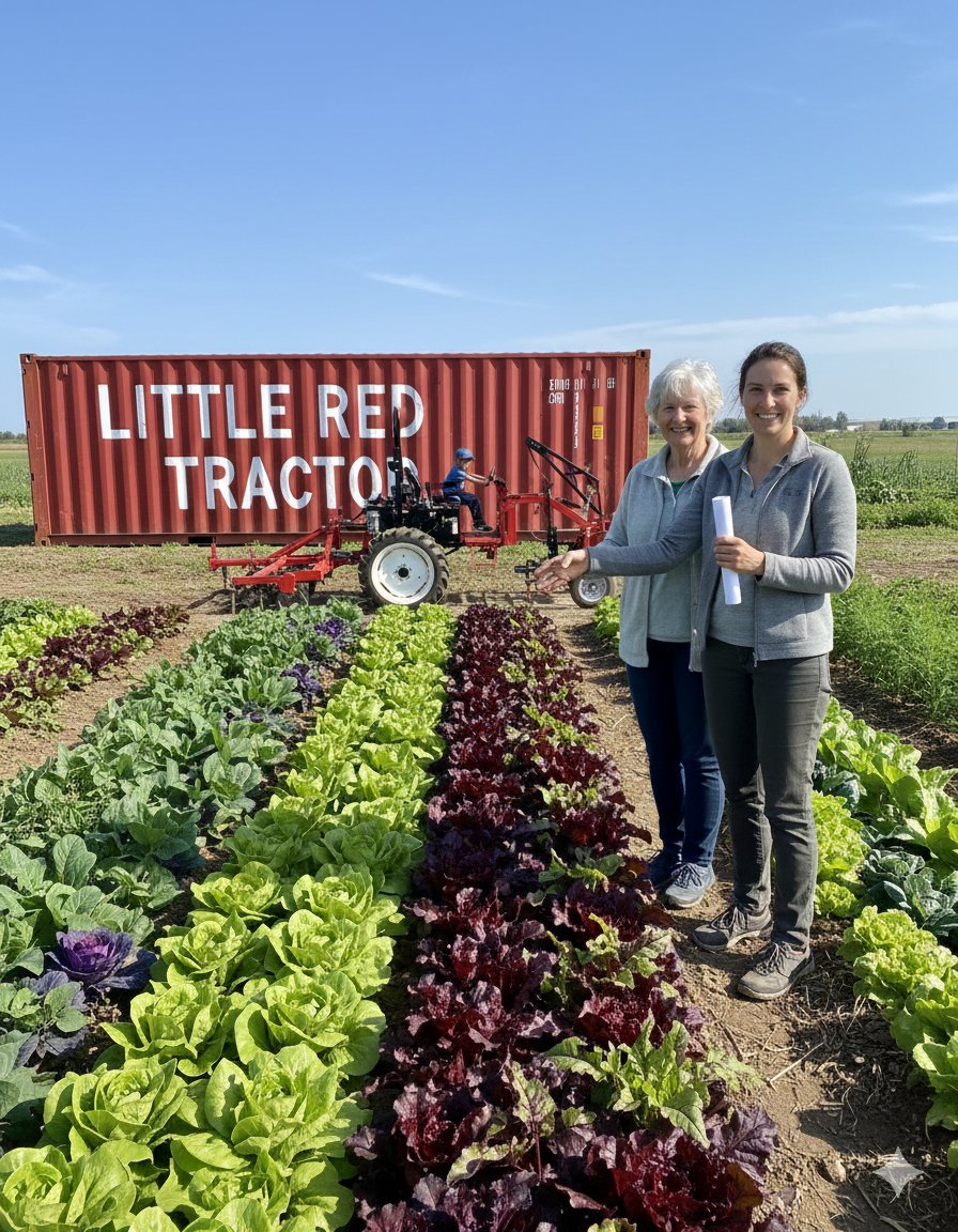 Donor and farmer shaking hands in front of the Little Red Tractor and shipping container on a thriving vegetable farm