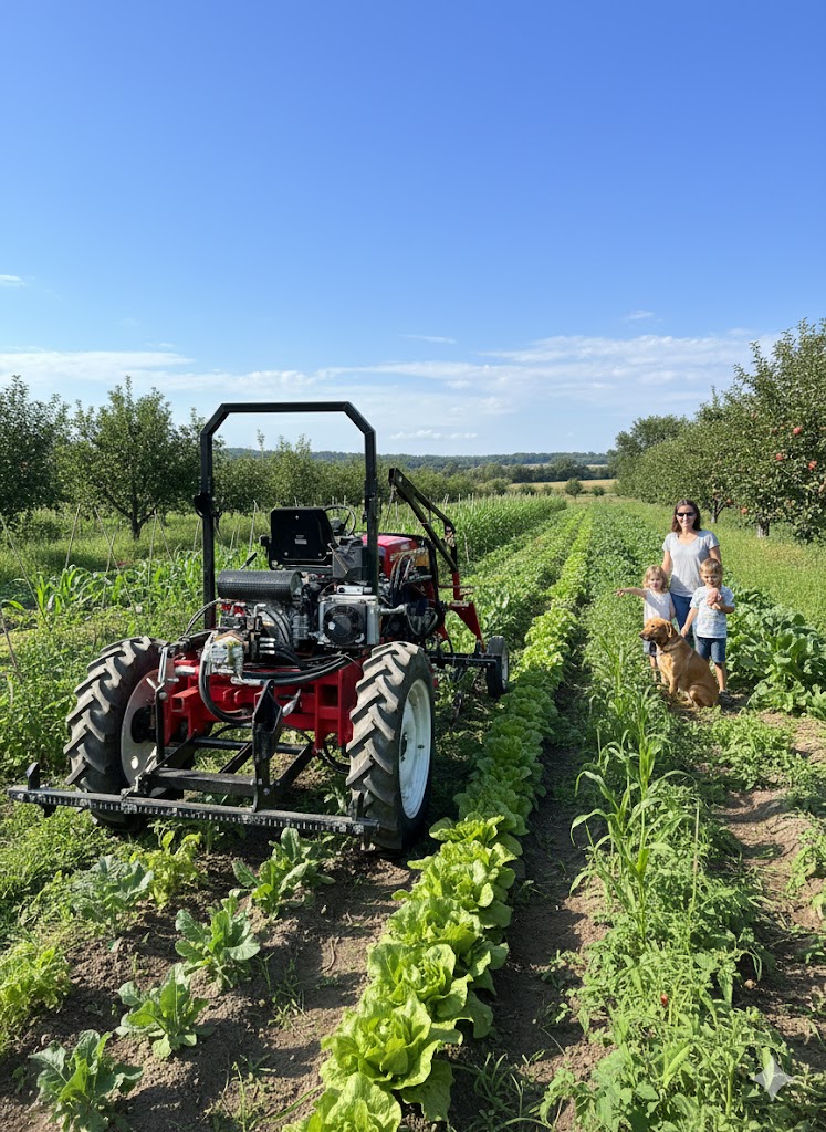 Family walking behind the Little Red Tractor on a silvopasture farm with kids and dog