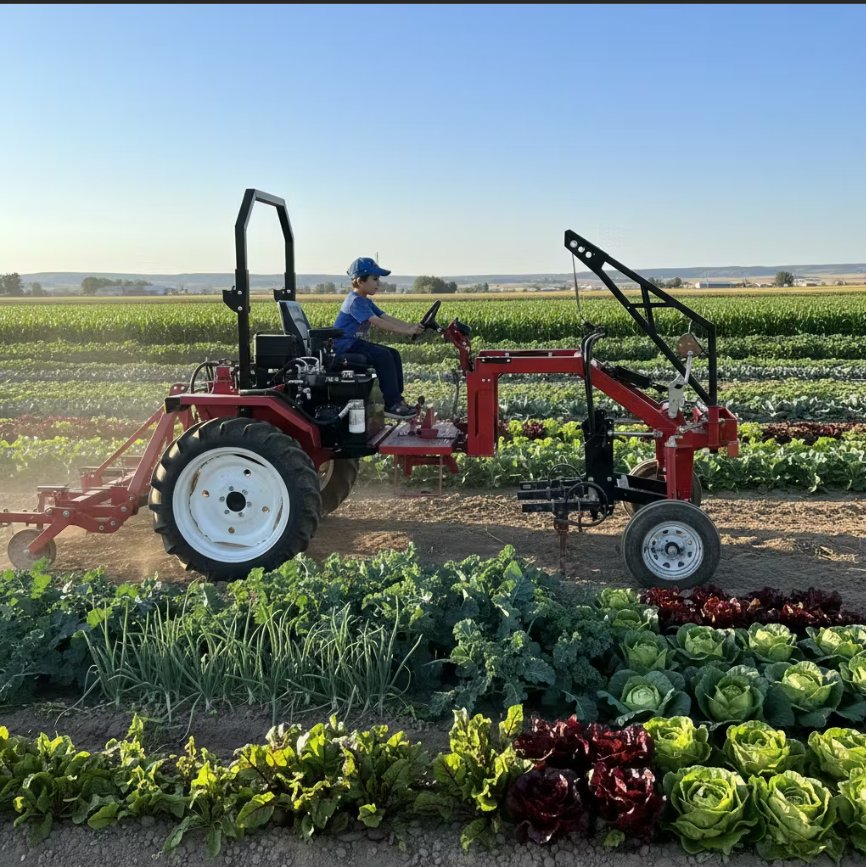 Farmer operating the Little Red Tractor through rows of diversified vegetables